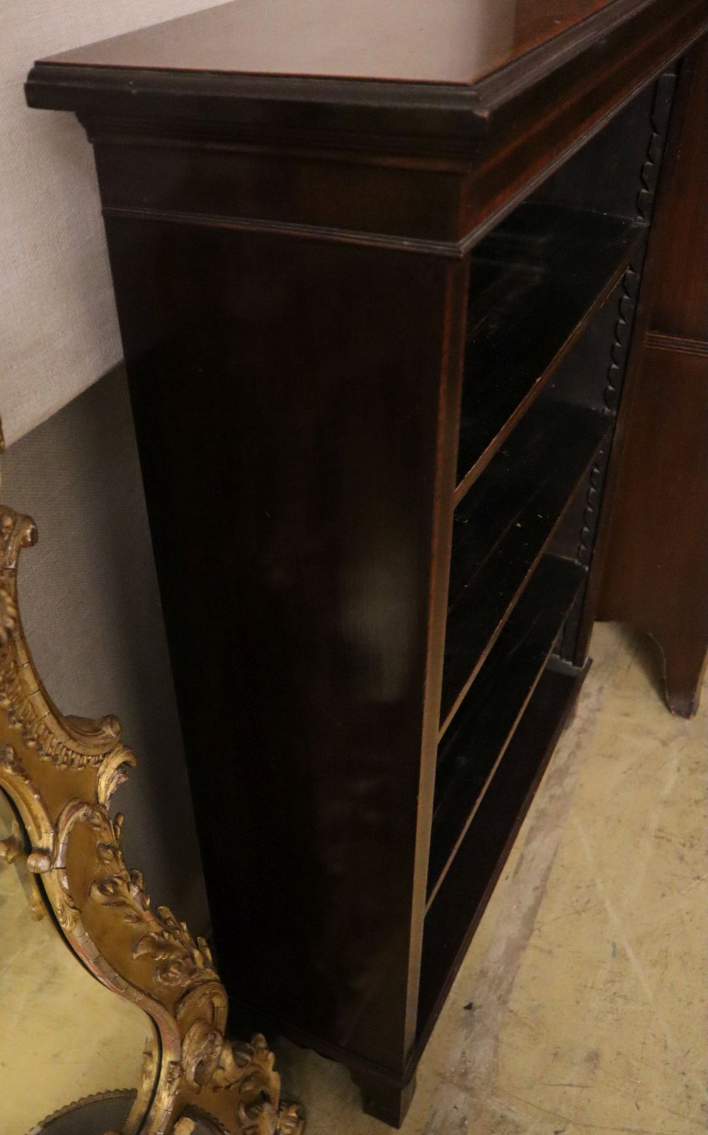 An Edwardian satinwood banded mahogany open dwarf bookcase, width 82cm depth 29cm height 114cm